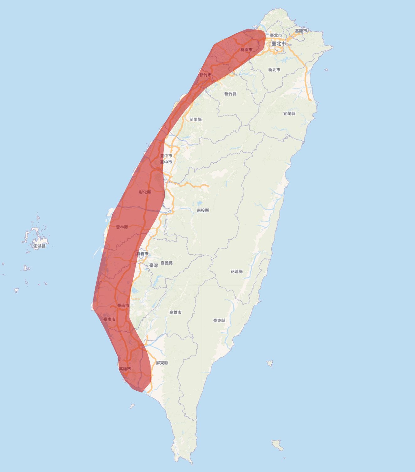 Stay away from the red-coloured, densely populated west of the island as much as possible (left), and see how much the official Taiwan Cycling Route No. 1 passes through the industrialised west of the country (right)