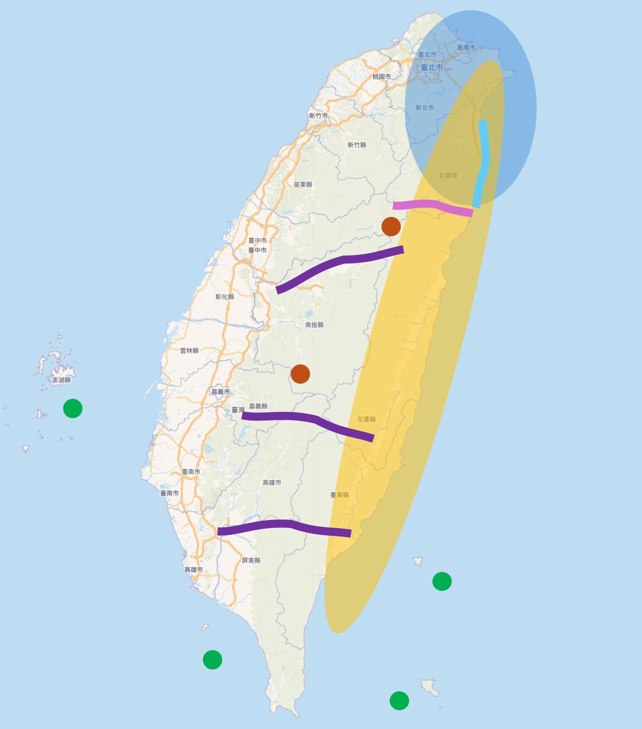 Map of areas prone to heavy rain, earthquakes and typhoons, and roads that may be closed