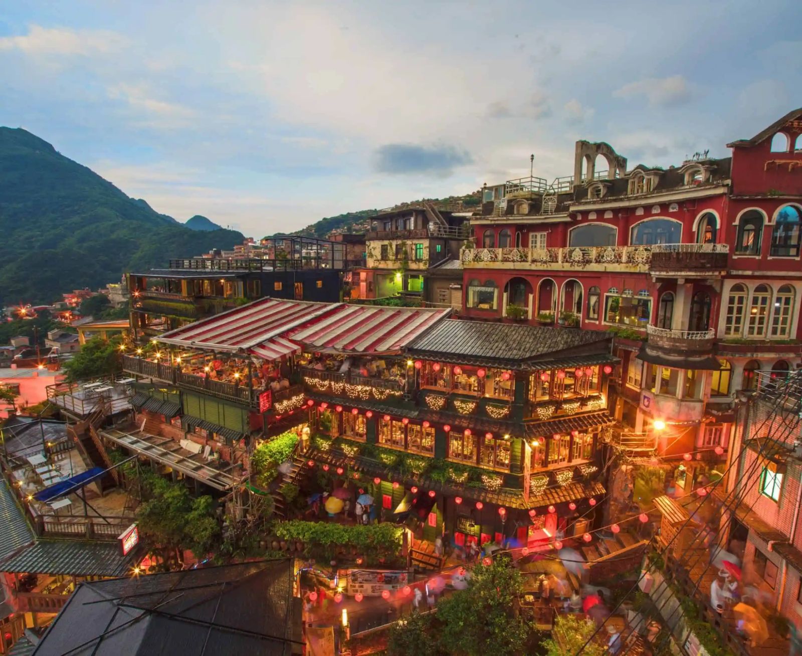 Bike-only tunnel from the east coast to Fulong (left), the ridge road near Buyan Pavilion (middle), and Jiufen mountain village (right)